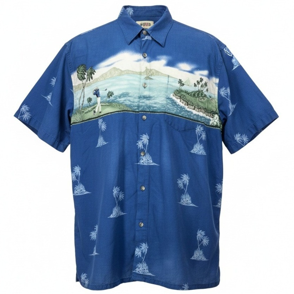 Campia Moda Button Up Shirt Mens L Blue Golf Tropical Scenic Rayon Short Sleeve